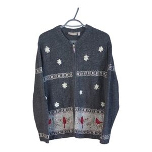 Croft & Barrow Vintage Cardinal Snowflake Zip Up Cardigan Sweater Grey Size XL